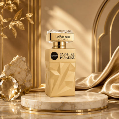 Sapphire Paradise perfume bottle on elegant gold background