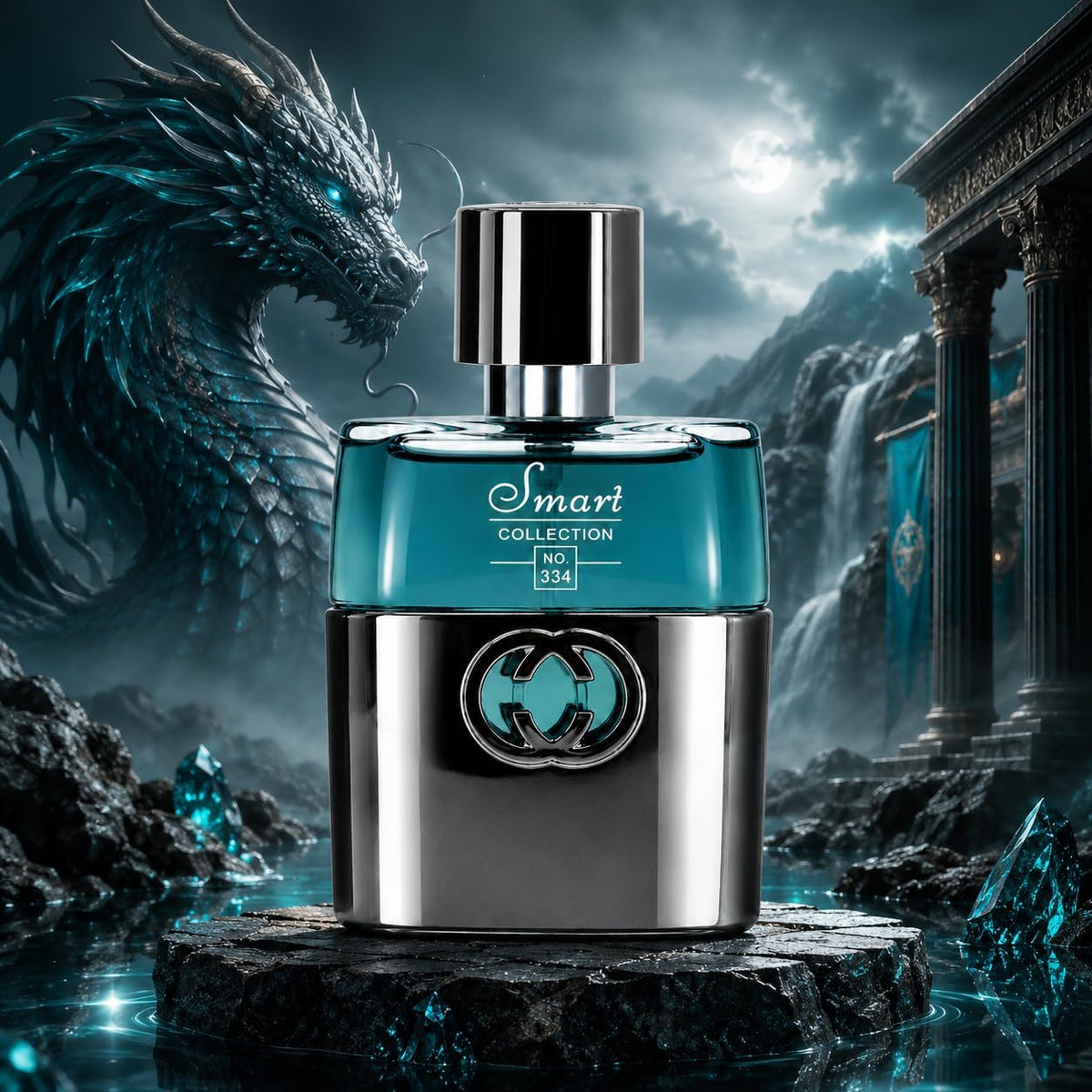 Smart Collection No. 334 perfume bottle with teal dragon background