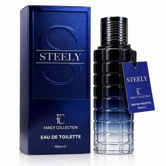 Steely bottle and box on a white background