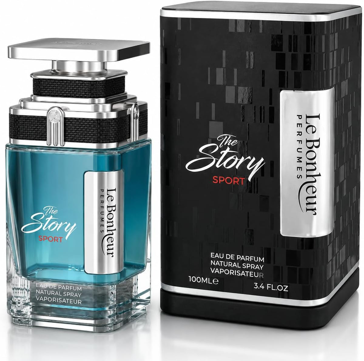 story sport perfume bottle and box on white background
