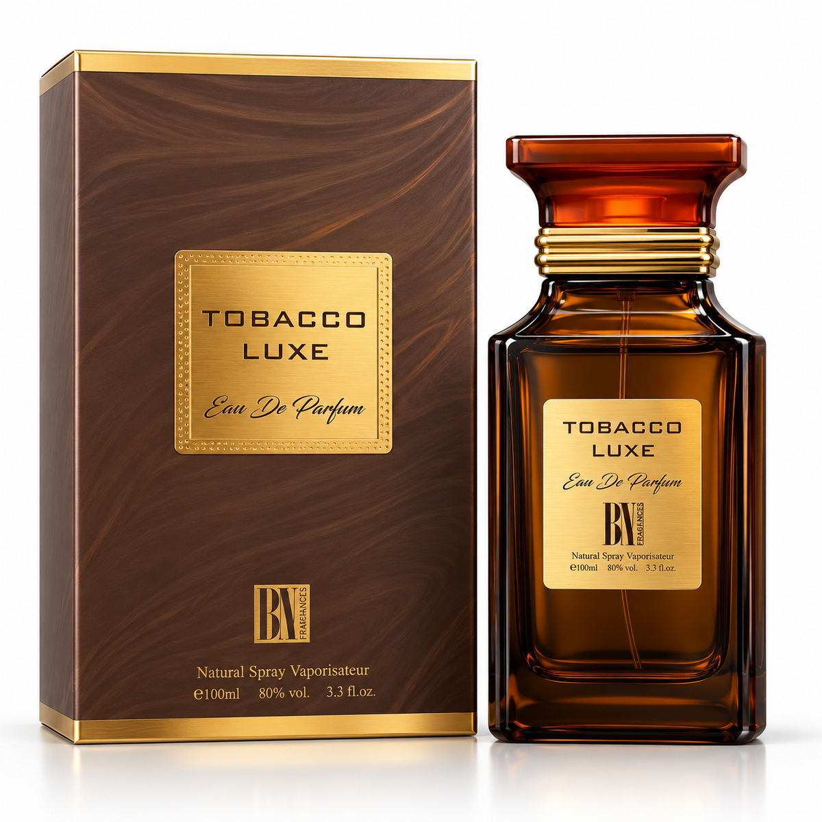 Tobacco Luxe bottle and box on a white background