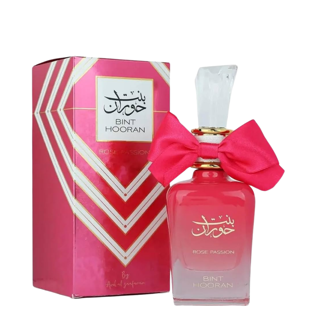 Bint Hooran Rose genuine perfume bottle and retail box on white background