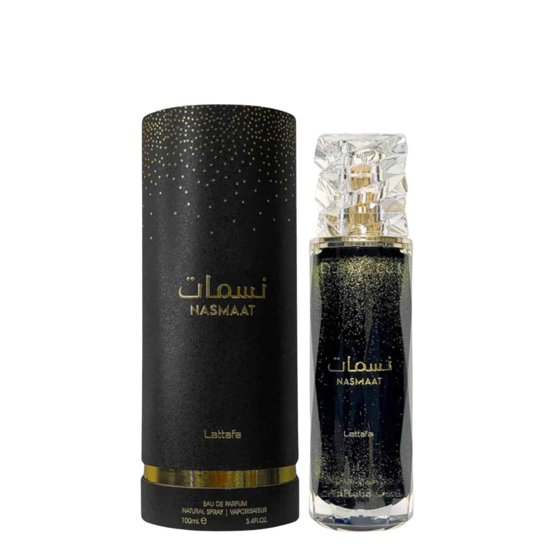 Nasmaat genuine perfume bottle and retail box on white background