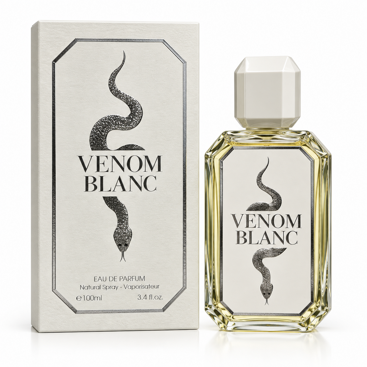 Venom Blanc bottle and box on a white background