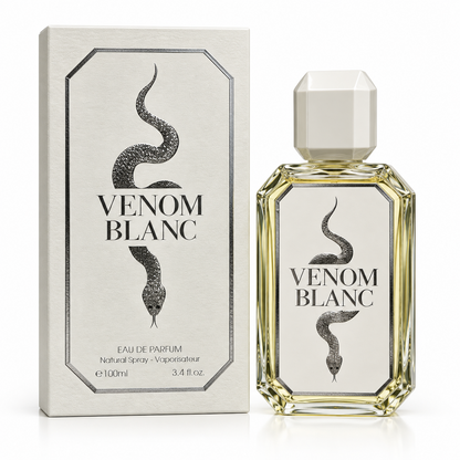 Venom Blanc bottle and box on a white background