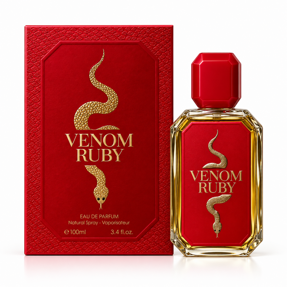 Venom Ruby bottle and box on a white background