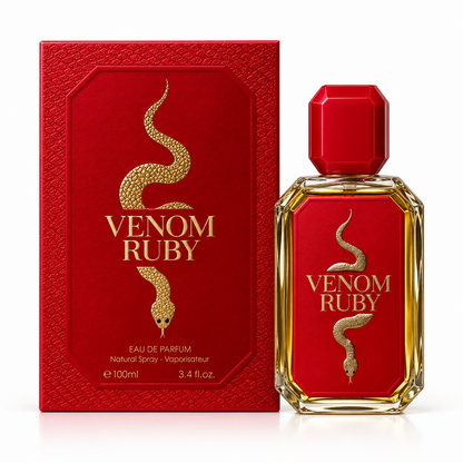 Venom Ruby bottle and box on a white background