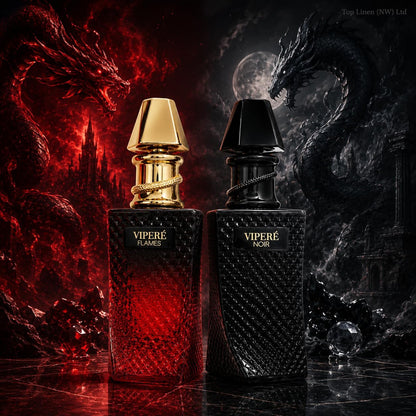 Viperé Flames and Noir perfume set with red and black dragon background