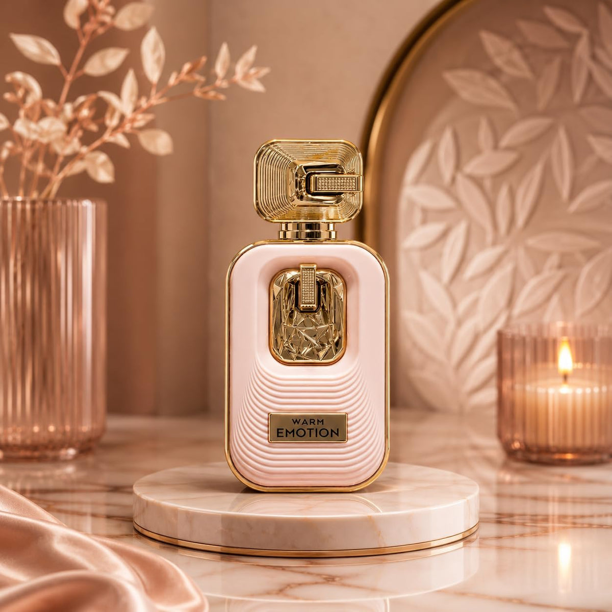 Warm Emotion perfume bottle on elegant blush and gold background